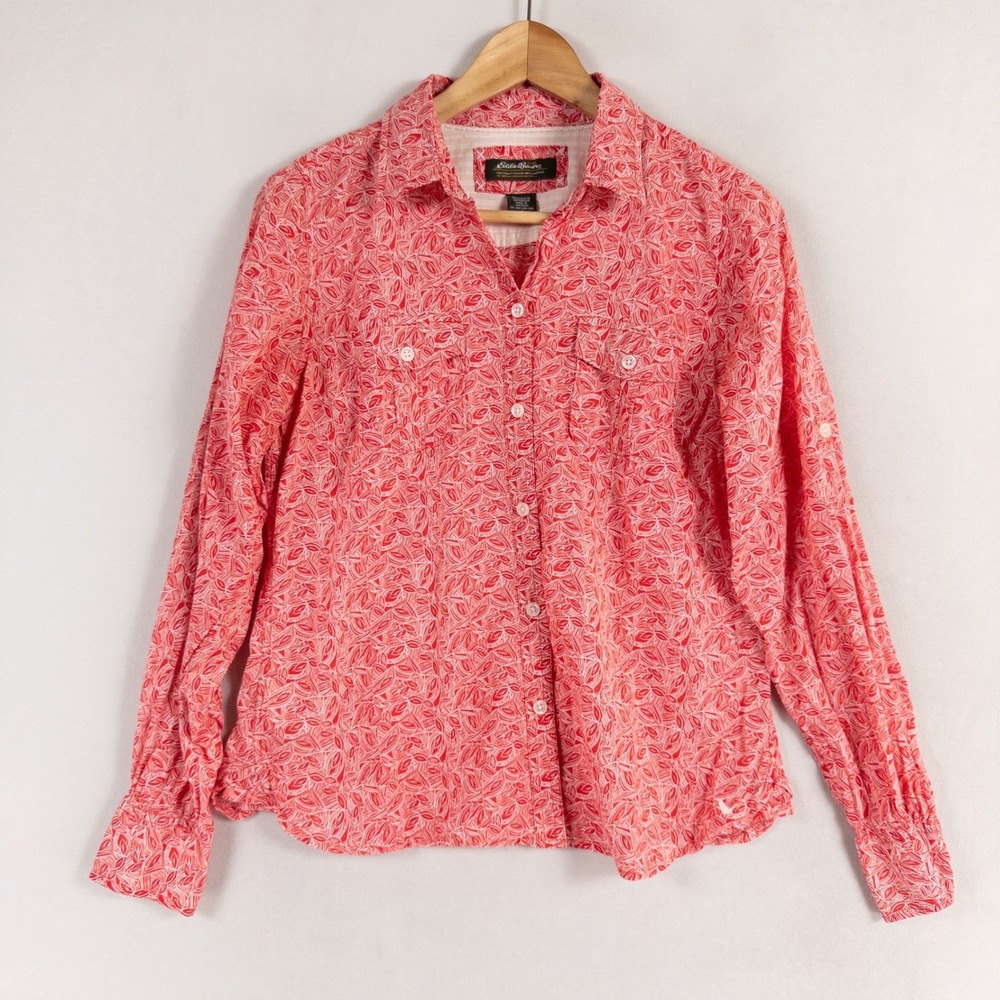 Eddie Bauer Shirt Womens Sz Small Red White Leaf Pattern Button Up Casual